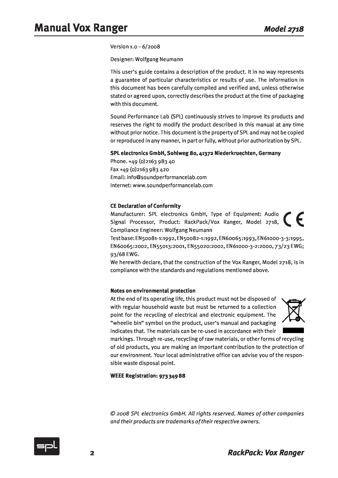 Sound Performance Lab 2718 manual Manual Vox Ranger, Model, RackPack Vox Ranger, CE Declaration of Conformity 