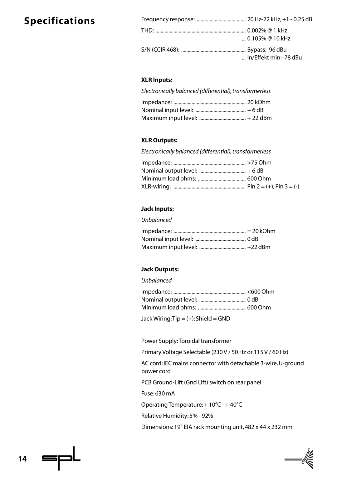 Sound Performance Lab 9215 manual Specifications, XLR Inputs 