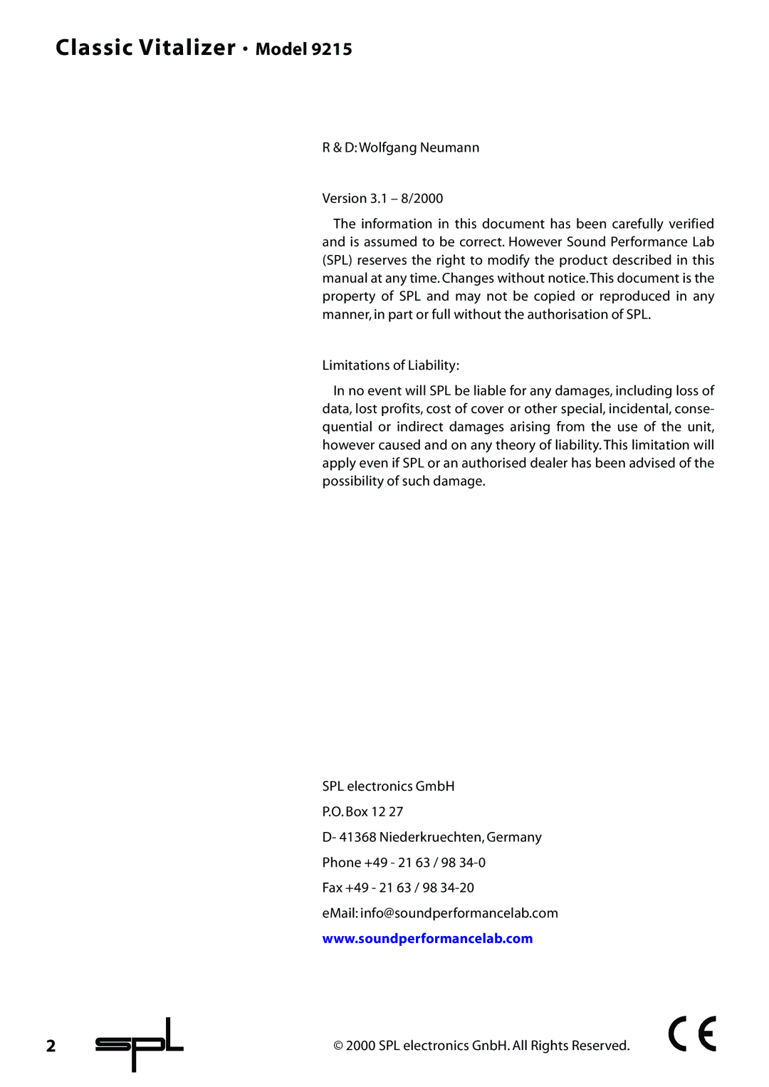 Sound Performance Lab 9215 manual Classic Vitalizer · Model, DWolfgang Neumann Version 3.1 8/2000 