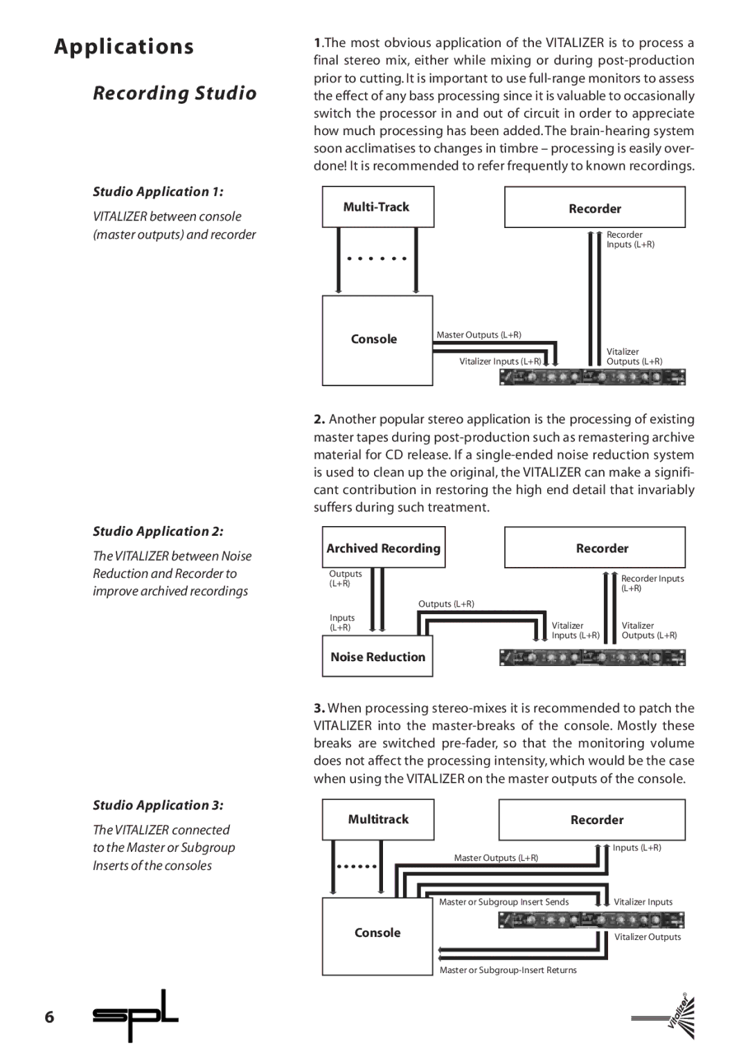 Sound Performance Lab 9215 manual Applications, Recording Studio 