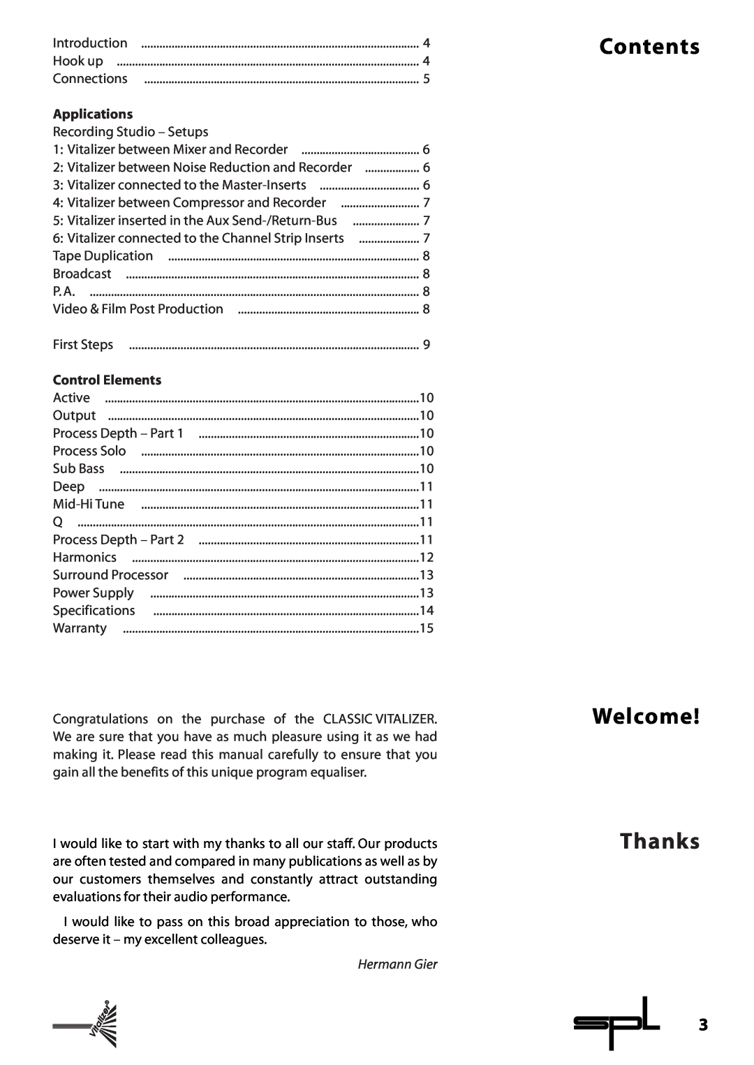 Sound Performance Lab 9215 manual Contents Welcome Thanks, Applications, Control Elements 