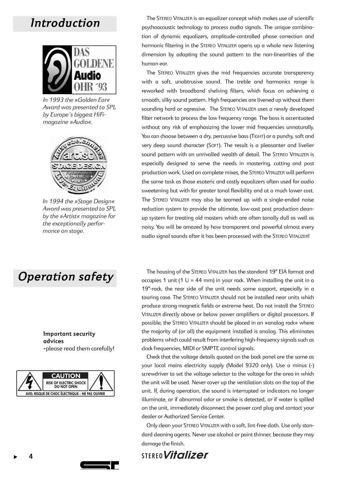 Sound Performance Lab 9319, 9320 owner manual Introduction, Operation safety 