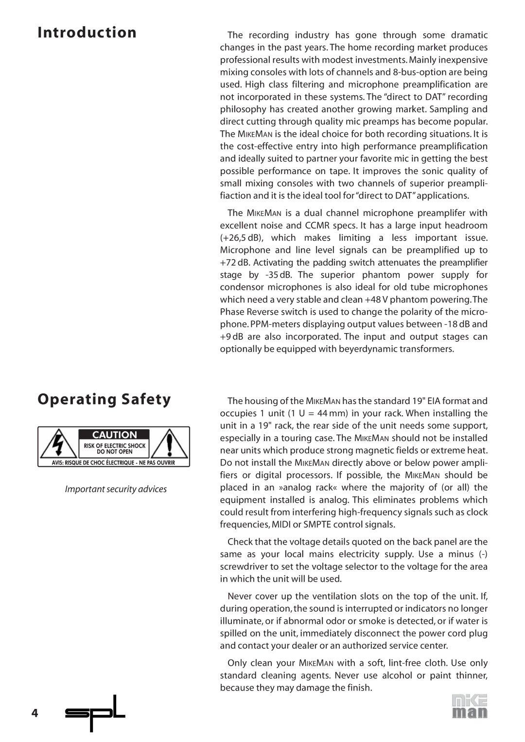 Sound Performance Lab 9523 manual Introduction Operating Safety, Important security advices 