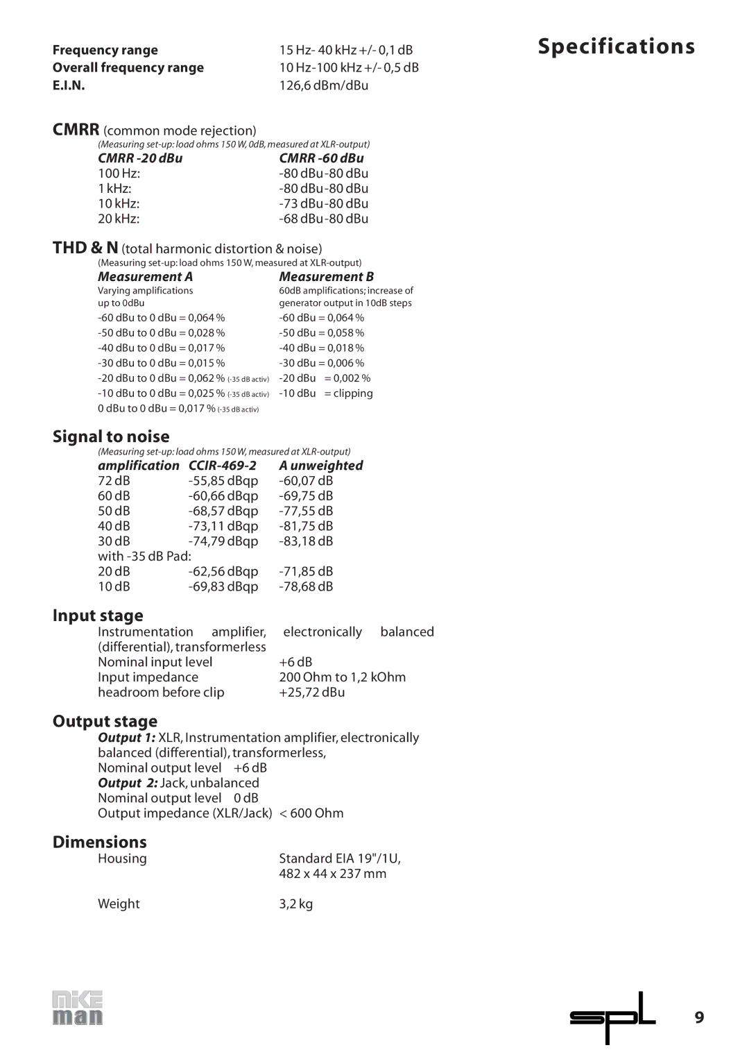 Sound Performance Lab 9523 manual Specifications, Frequency range, Overall frequency range 