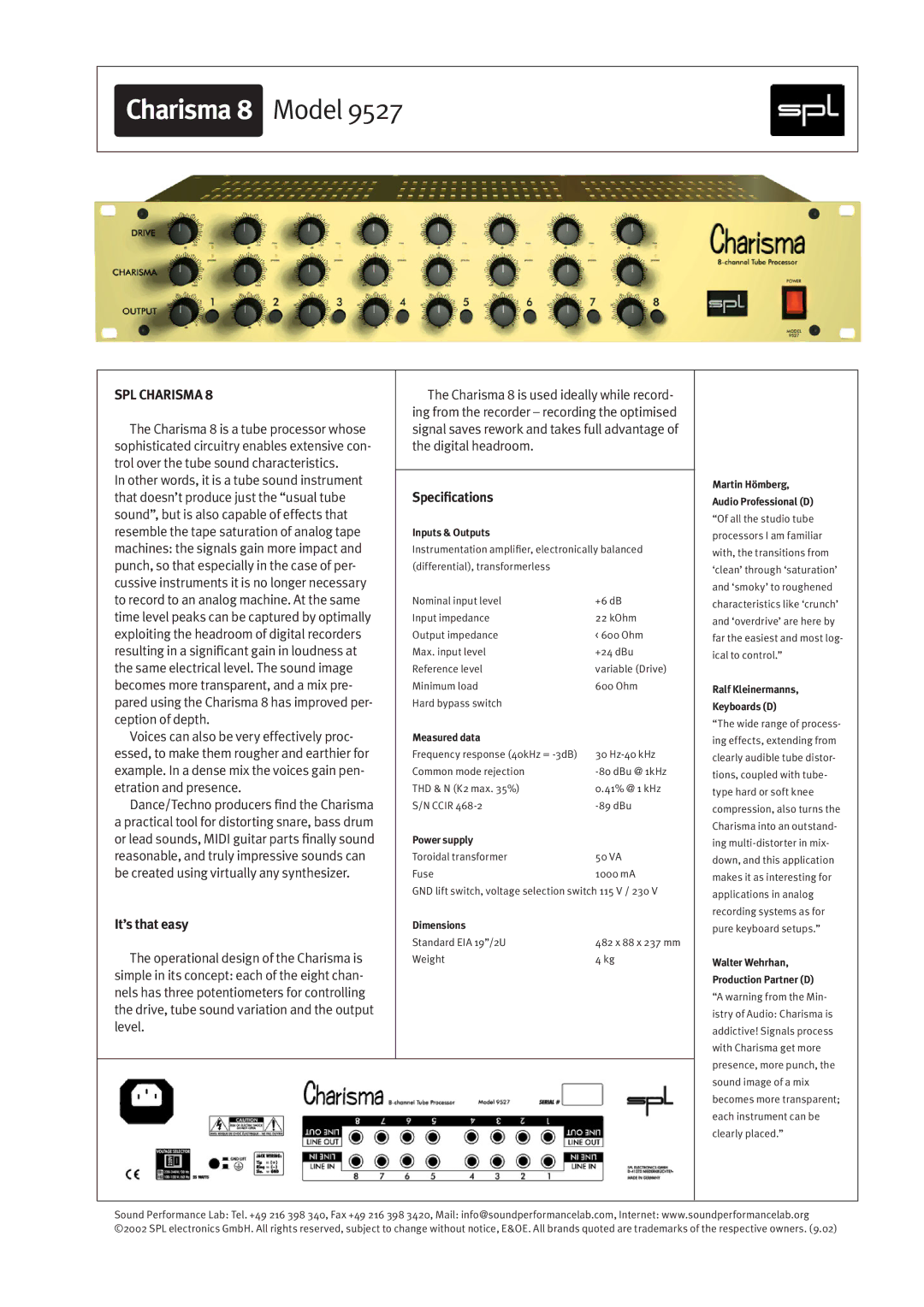 Sound Performance Lab 9527 specifications Charisma 8 Model, SPL Charisma, It’s that easy, Speciﬁcations 