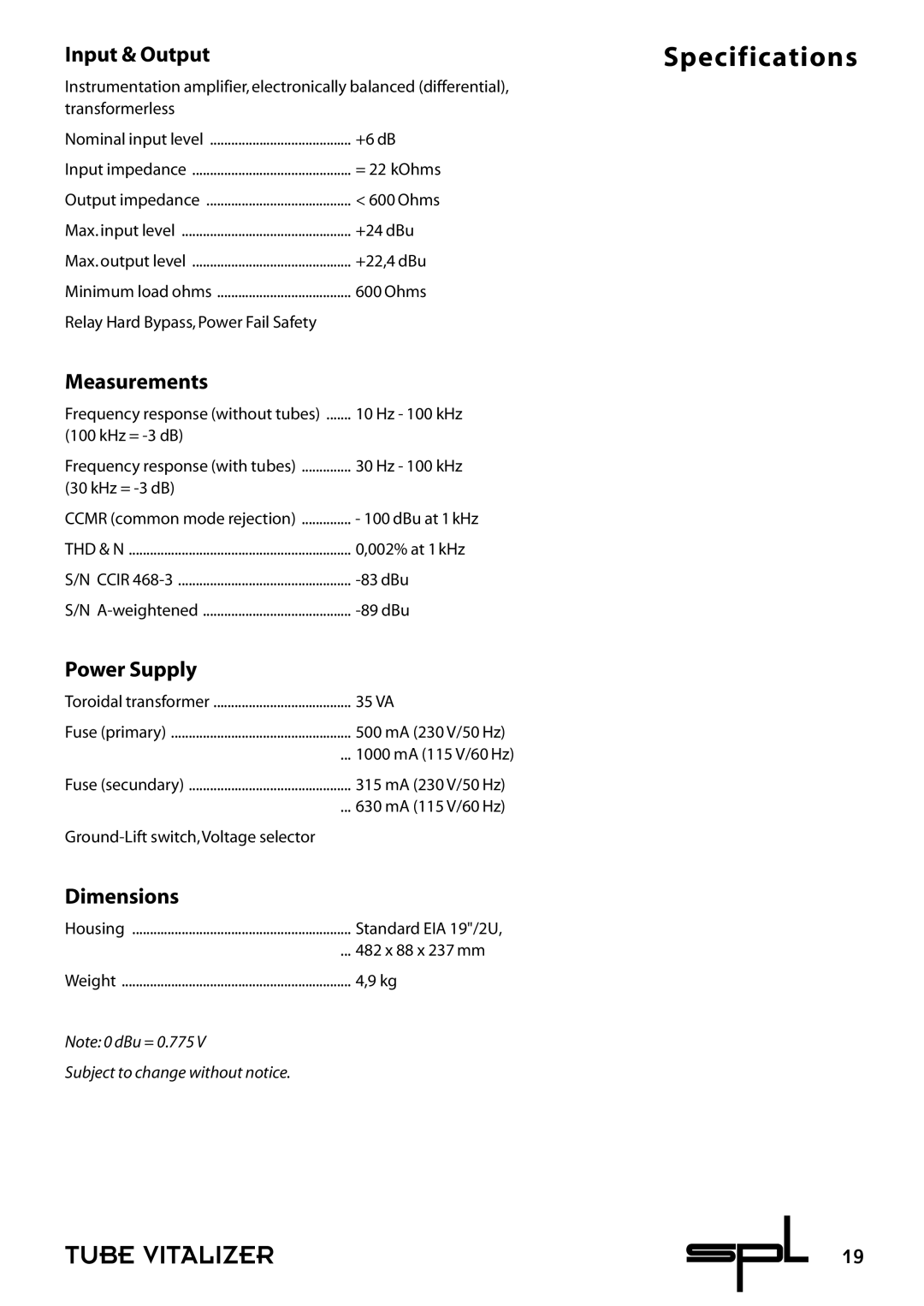 Sound Performance Lab 9530 manual Specifications, Subject to change without notice 