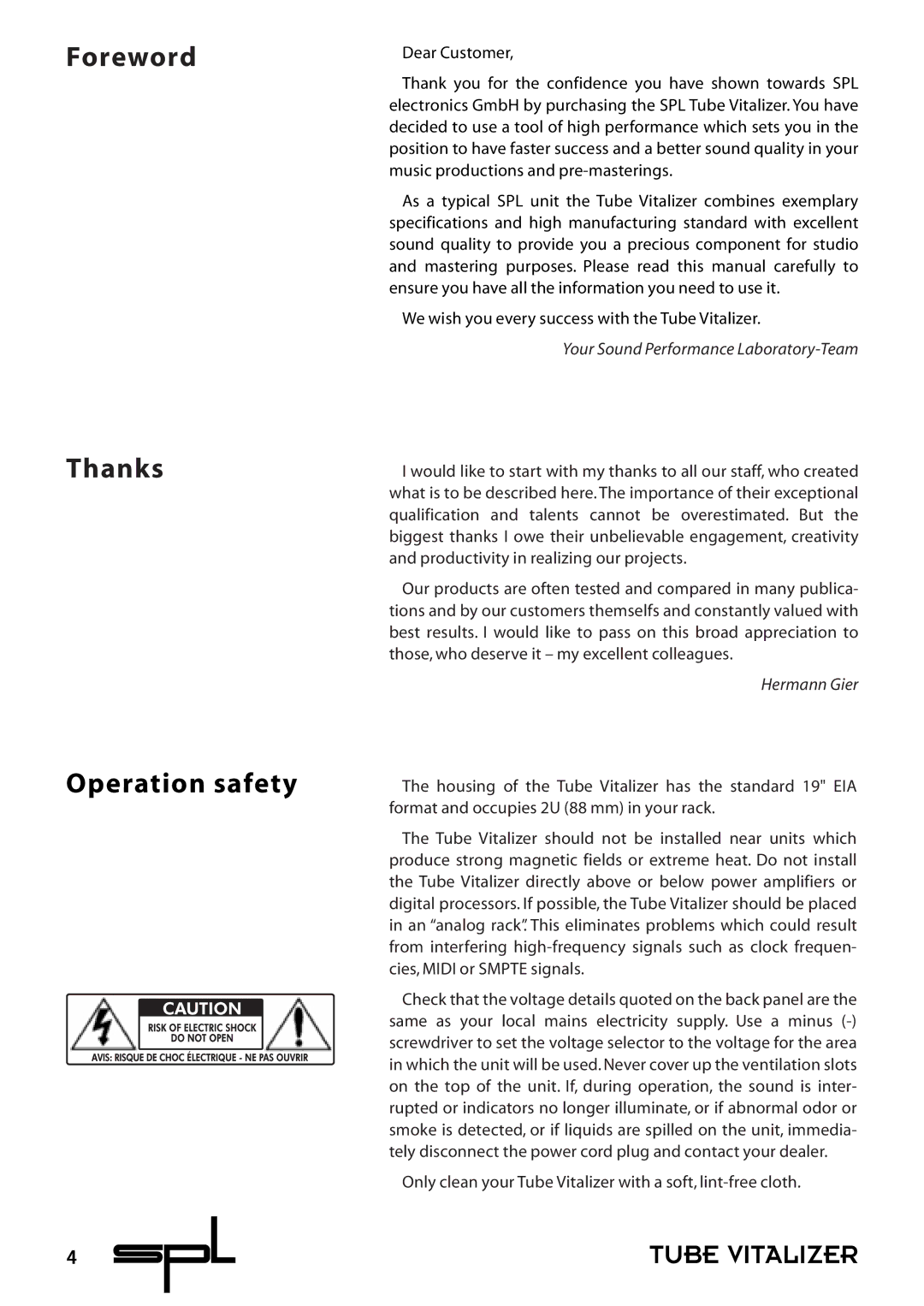 Sound Performance Lab 9530 manual Foreword Thanks Operation safety, Your Sound Performance Laboratory-Team, Hermann Gier 