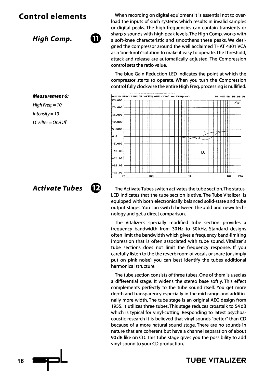 Sound Performance Lab 9530 manual High Comp, Control elements, Tube Vitalizer, Measurement 