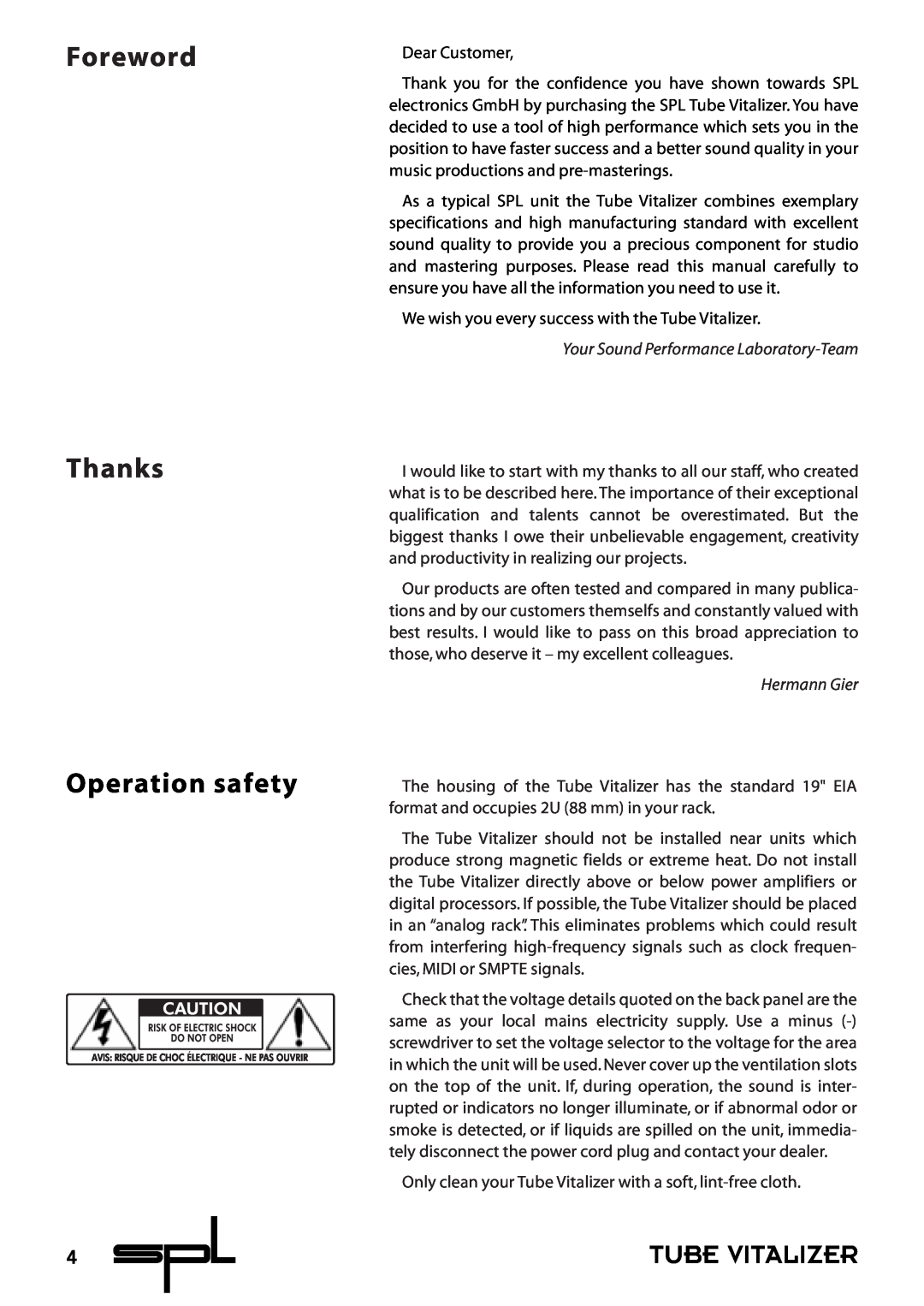 Sound Performance Lab 9530 manual Foreword Thanks Operation safety, Tube Vitalizer, Your Sound Performance Laboratory-Team 