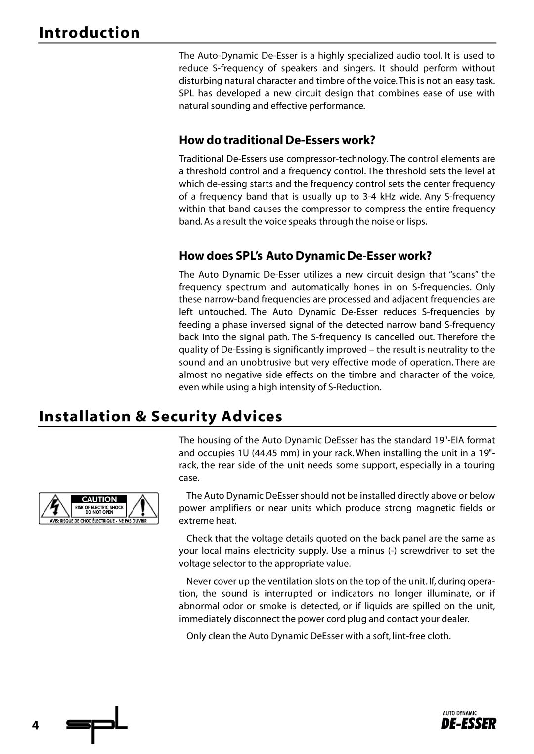 Sound Performance Lab 9629 manual Introduction, Installation & Security Advices, How do traditional De-Essers work? 