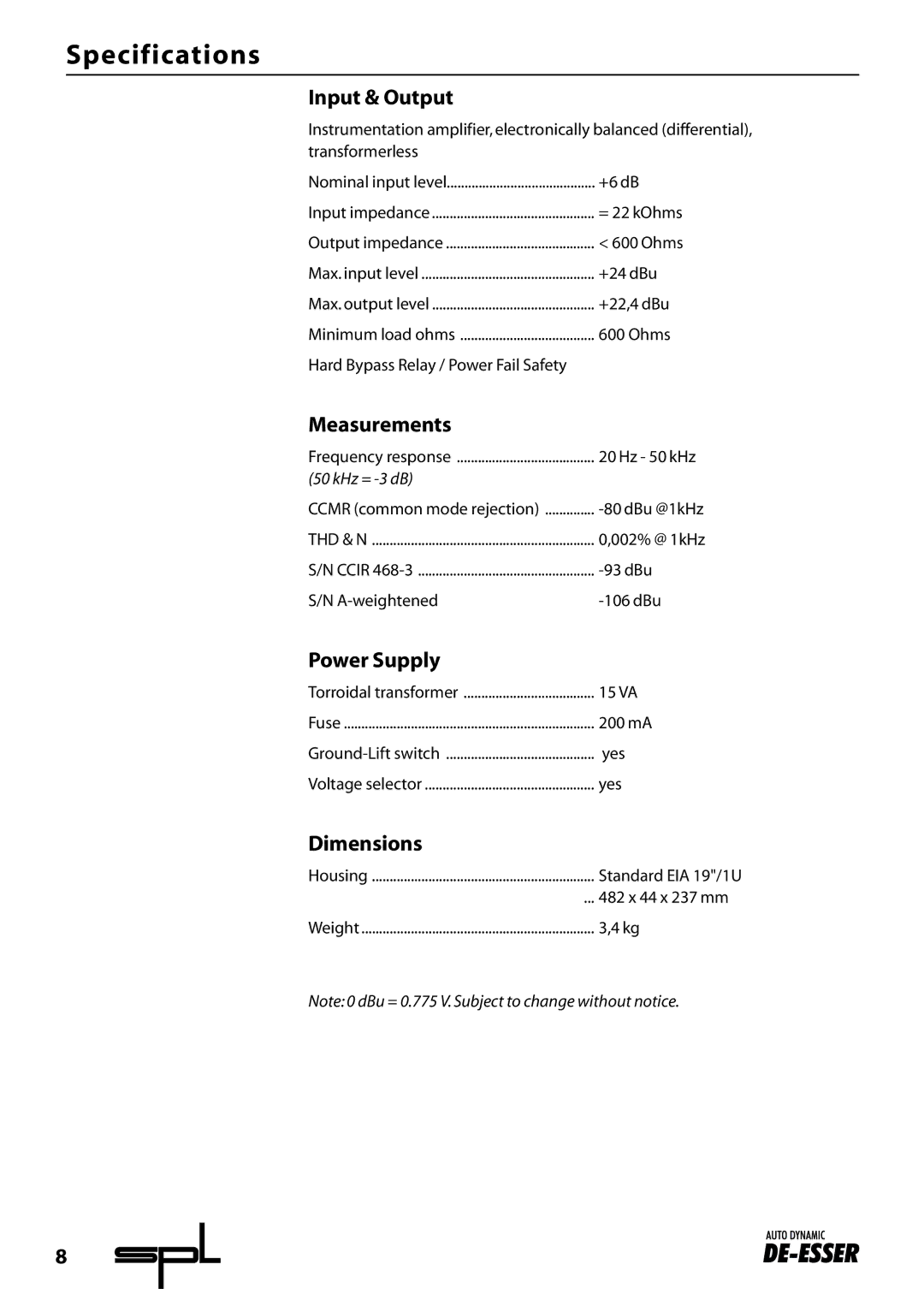 Sound Performance Lab 9629 manual Specifications, Input & Output, Measurements, Power Supply, Dimensions 