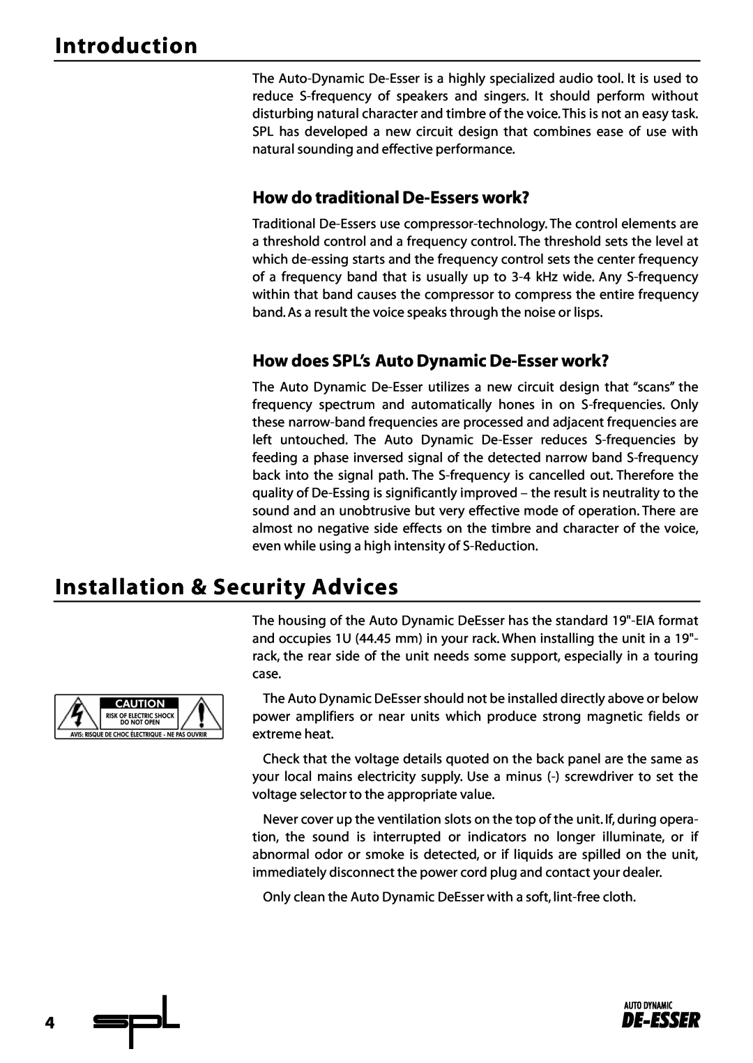 Sound Performance Lab 9629 manual Introduction, Installation & Security Advices, How do traditional De-Esserswork? 