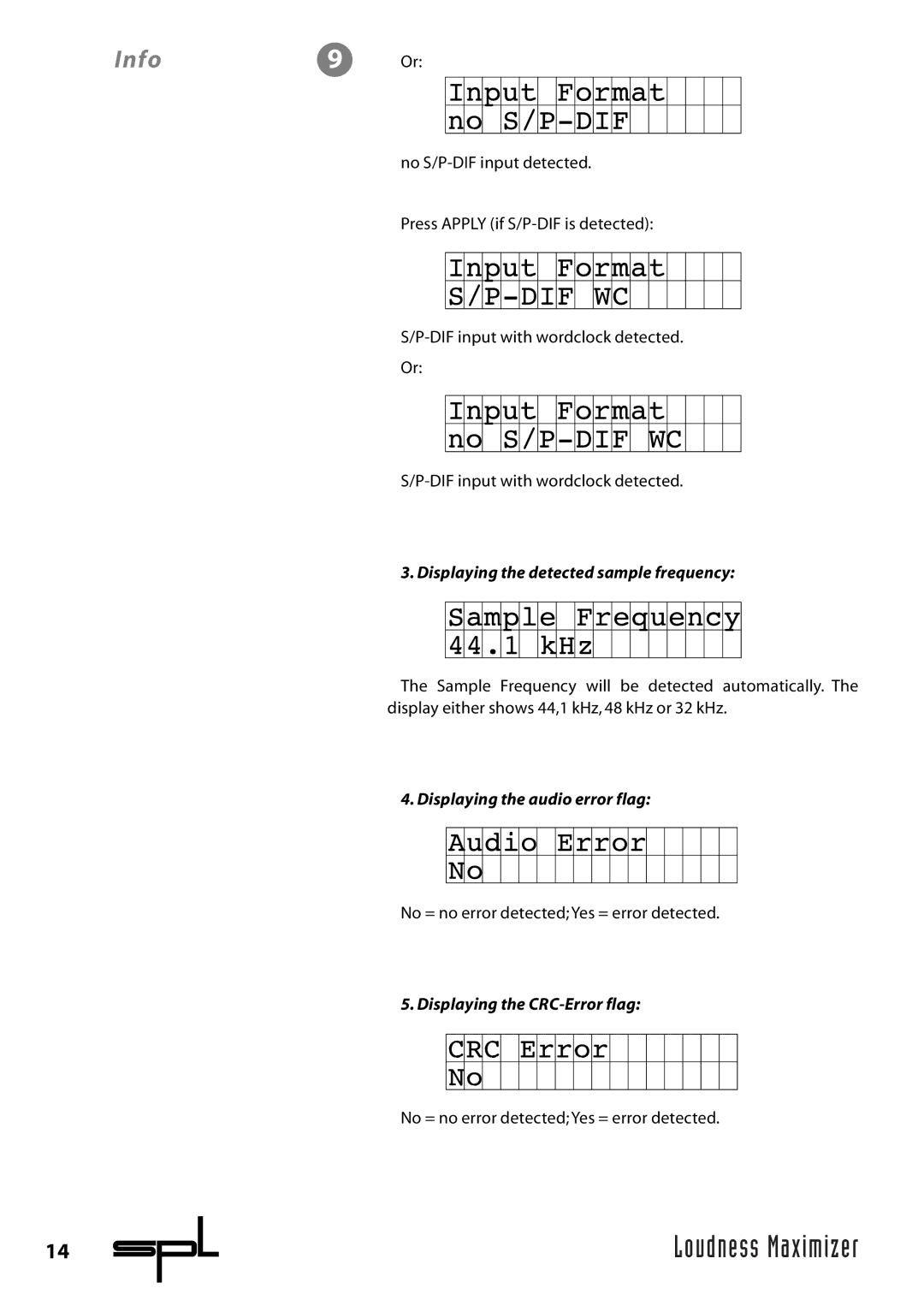 Sound Performance Lab 9632 manual Displaying the detected sample frequency, Displaying the audio error flag 