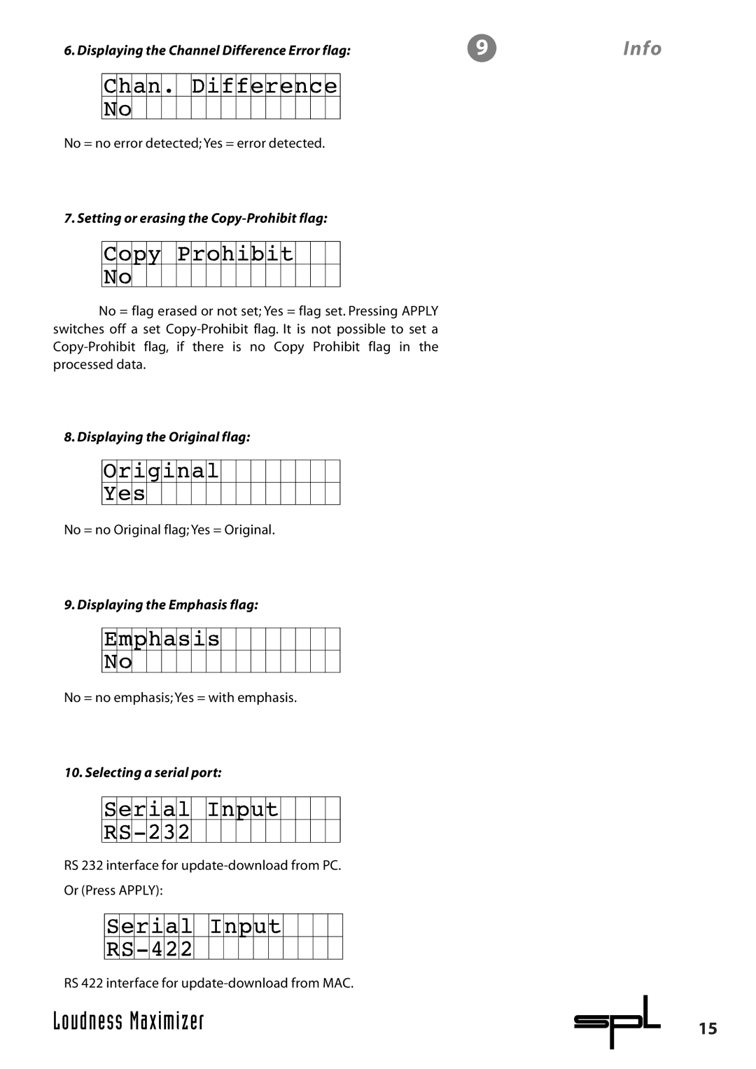 Sound Performance Lab 9632 manual Displaying the Channel Difference Error flag, Setting or erasing the Copy-Prohibit flag 