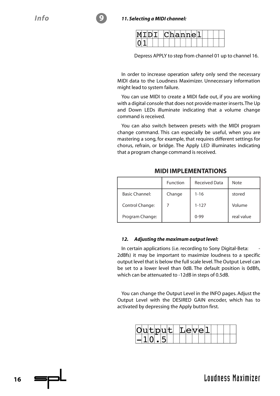 Sound Performance Lab 9632 manual Selecting a Midi channel, Adjusting the maximum output level 