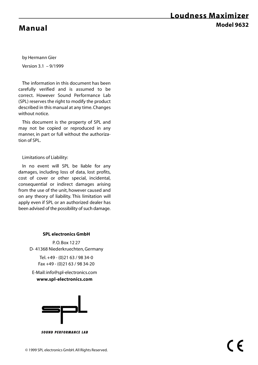Sound Performance Lab 9632 manual Loudness Maximizer Manual, Model 