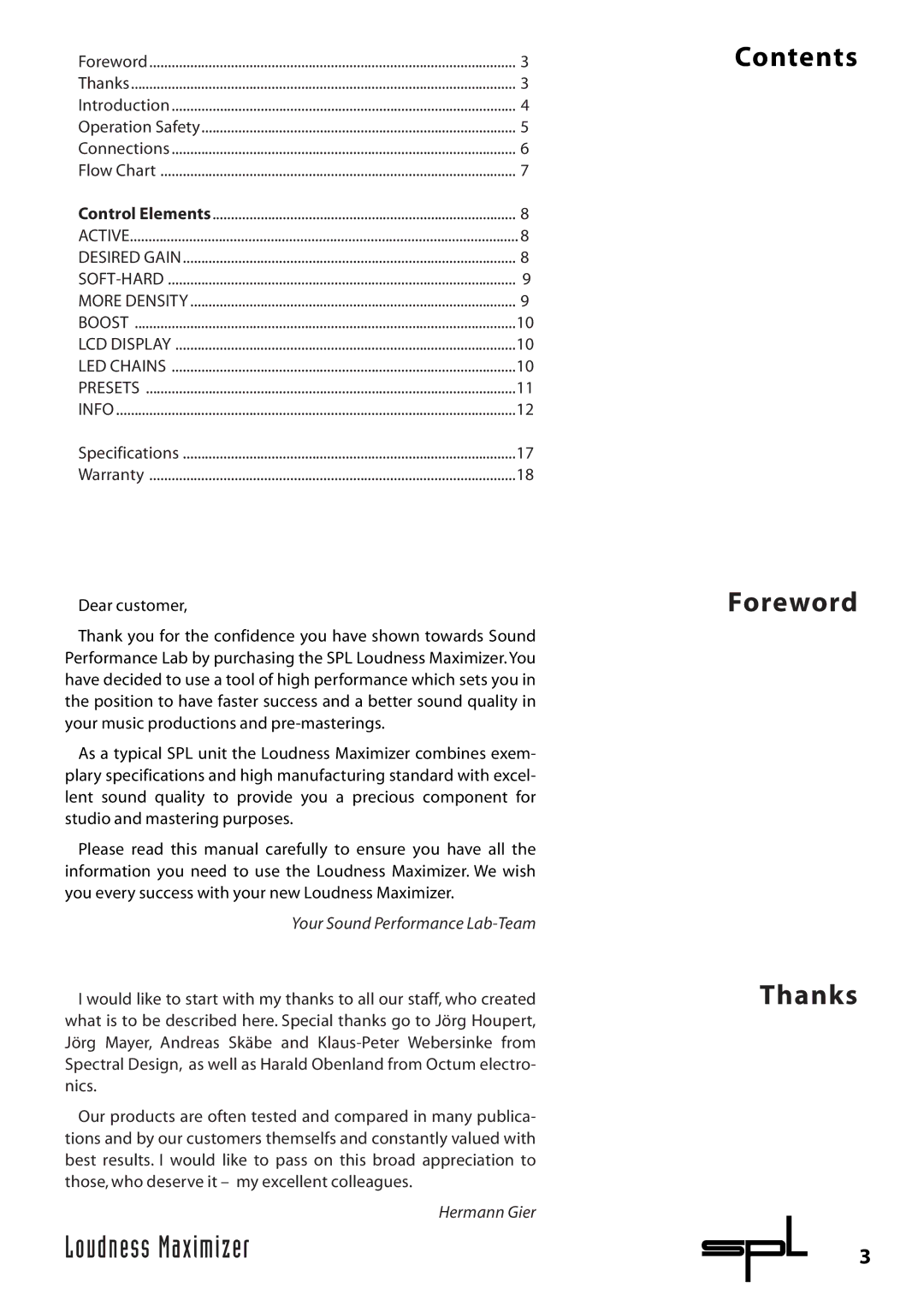 Sound Performance Lab 9632 manual Contents Foreword Thanks, Your Sound Performance Lab-Team, Hermann Gier 