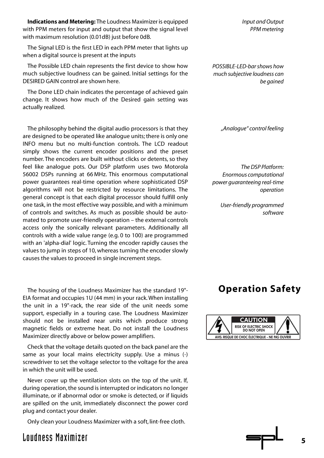 Sound Performance Lab 9632 manual Operation Safety, Input and Output PPM metering 