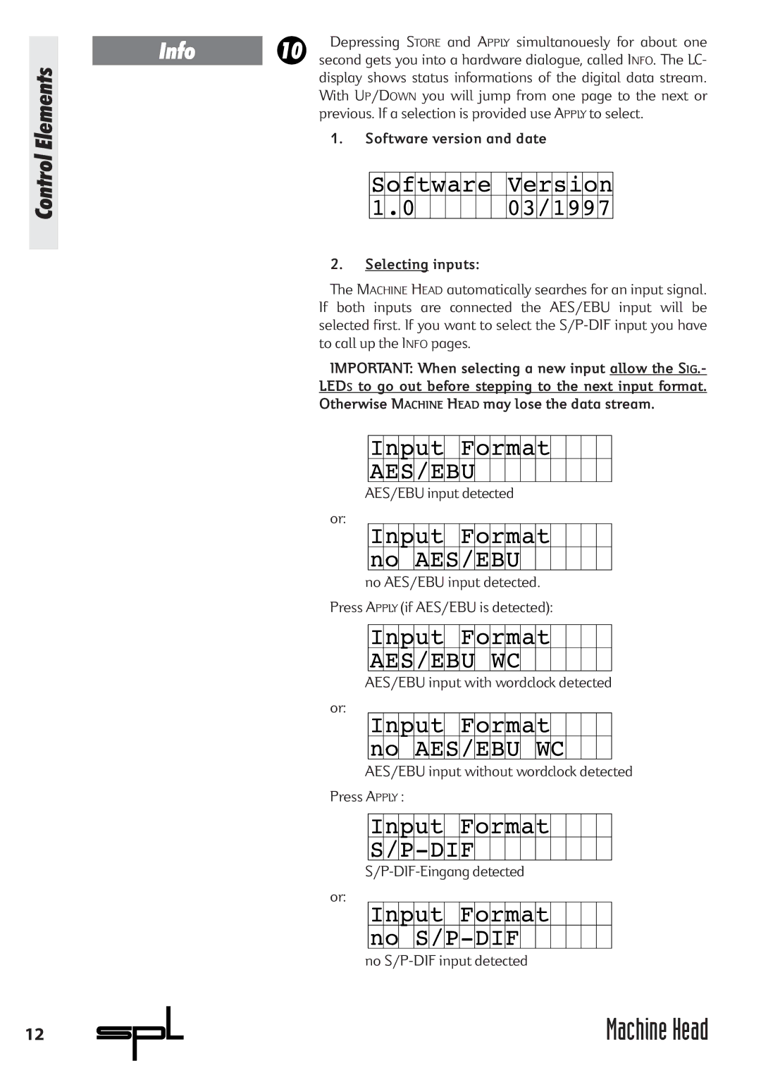 Sound Performance Lab 9737 manual Info, Depressing Store and Apply simultanouesly for about one, AES/EBU input detected 