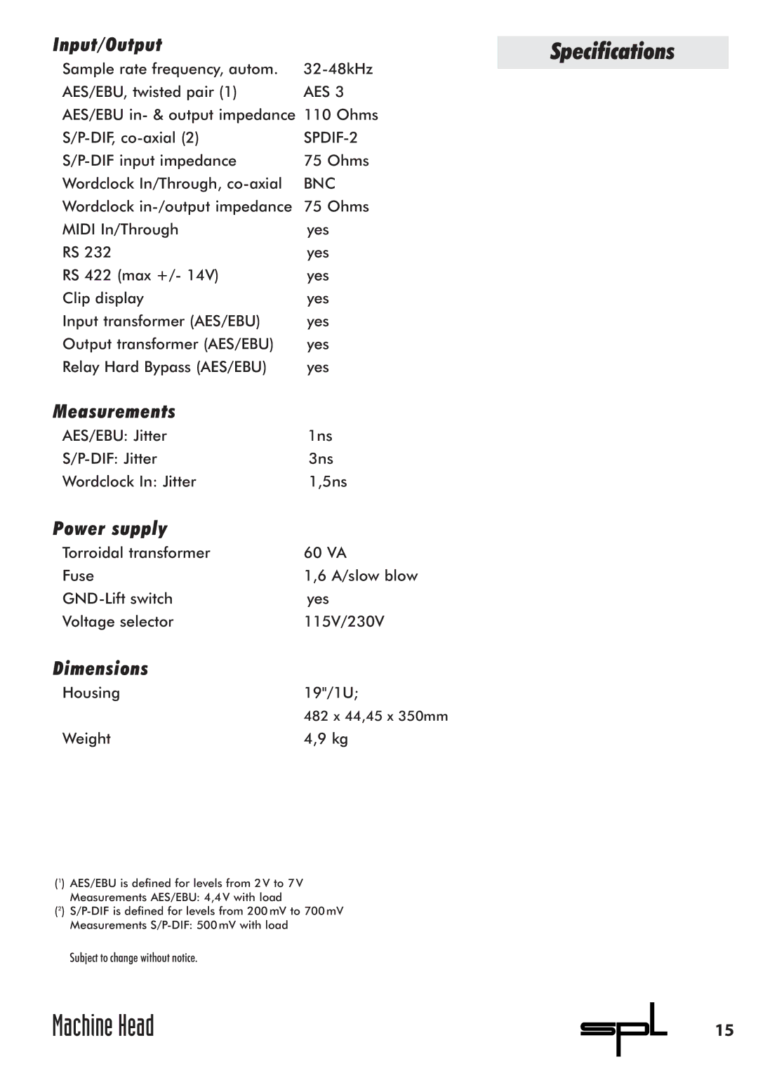 Sound Performance Lab 9737 manual Specifications, Input/Output 