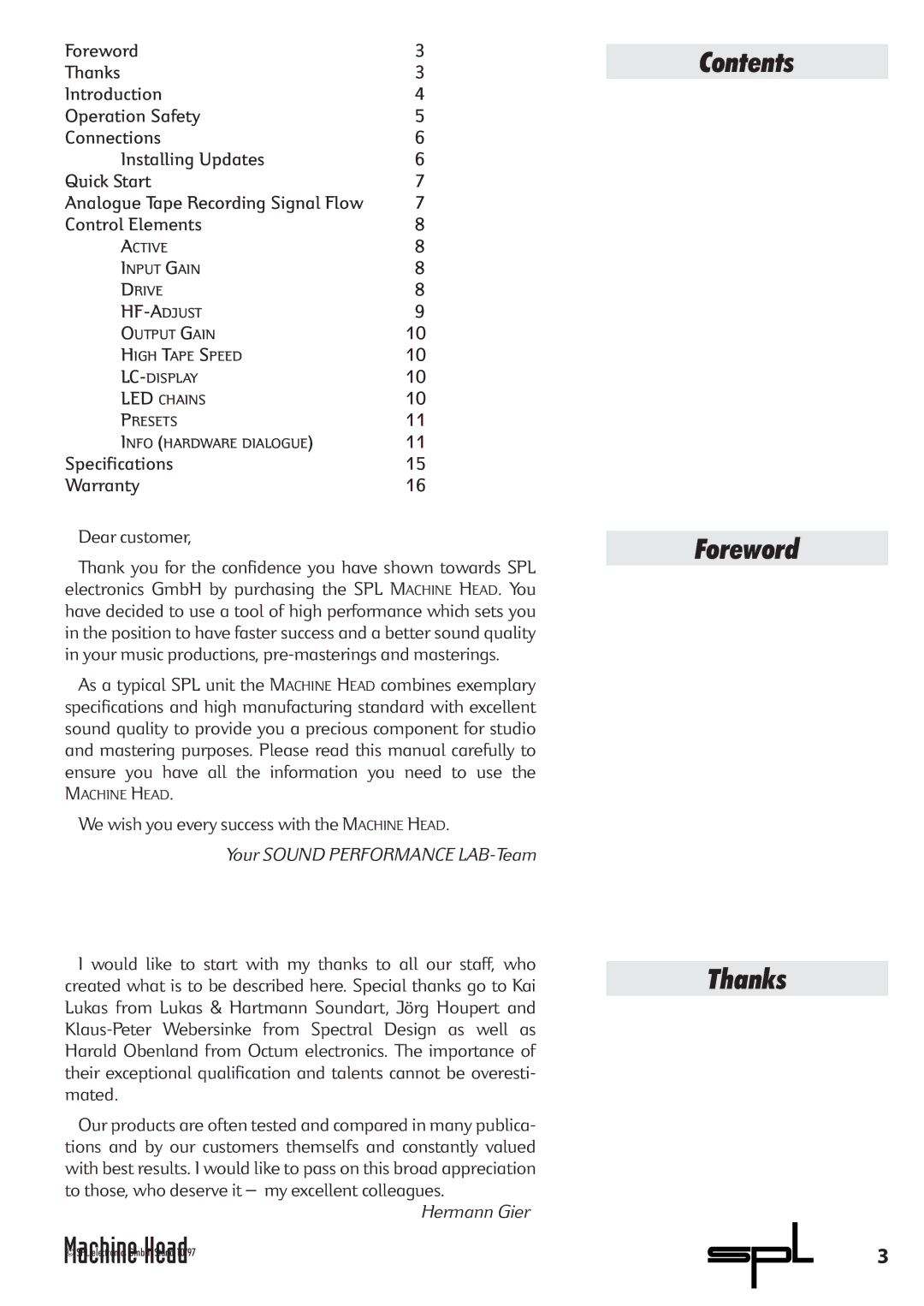 Sound Performance Lab 9737 manual Contents Foreword Thanks, Specifications Warranty Dear customer 