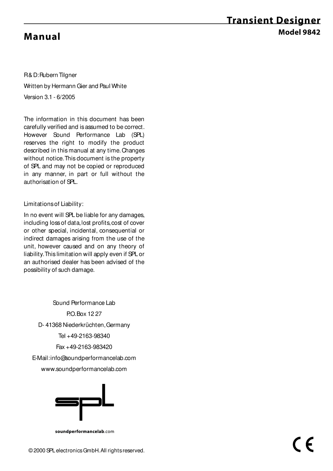 Sound Performance Lab 9842 manual Transient Designer Manual, Model 