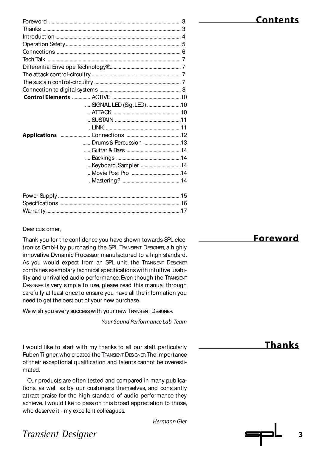 Sound Performance Lab 9842 manual Contents Foreword Thanks 