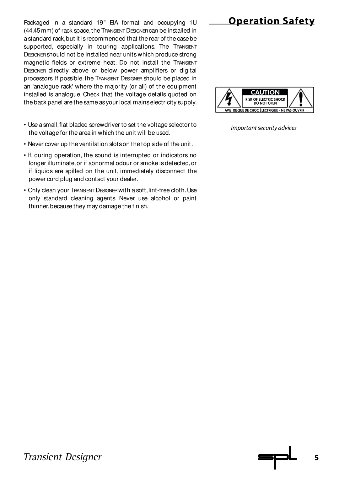 Sound Performance Lab 9842 manual Operation Safety 