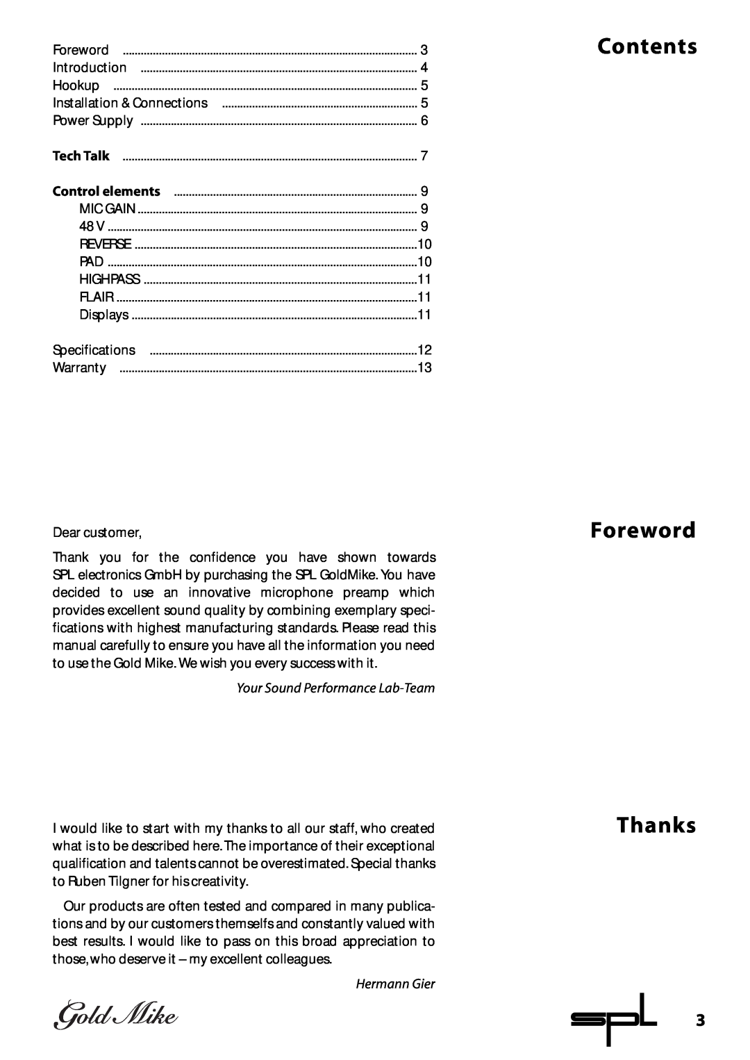 Sound Performance Lab 9844 manual Contents Foreword Thanks, Your Sound Performance Lab-Team, Hermann Gier 