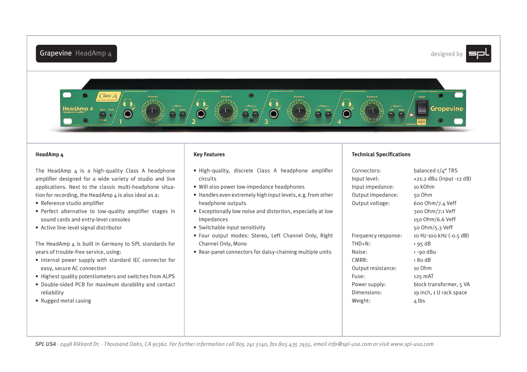 Sound Performance Lab Amplifiers technical specifications Grapevine HeadAmp, Key Features, Thd+N, Cmrr 