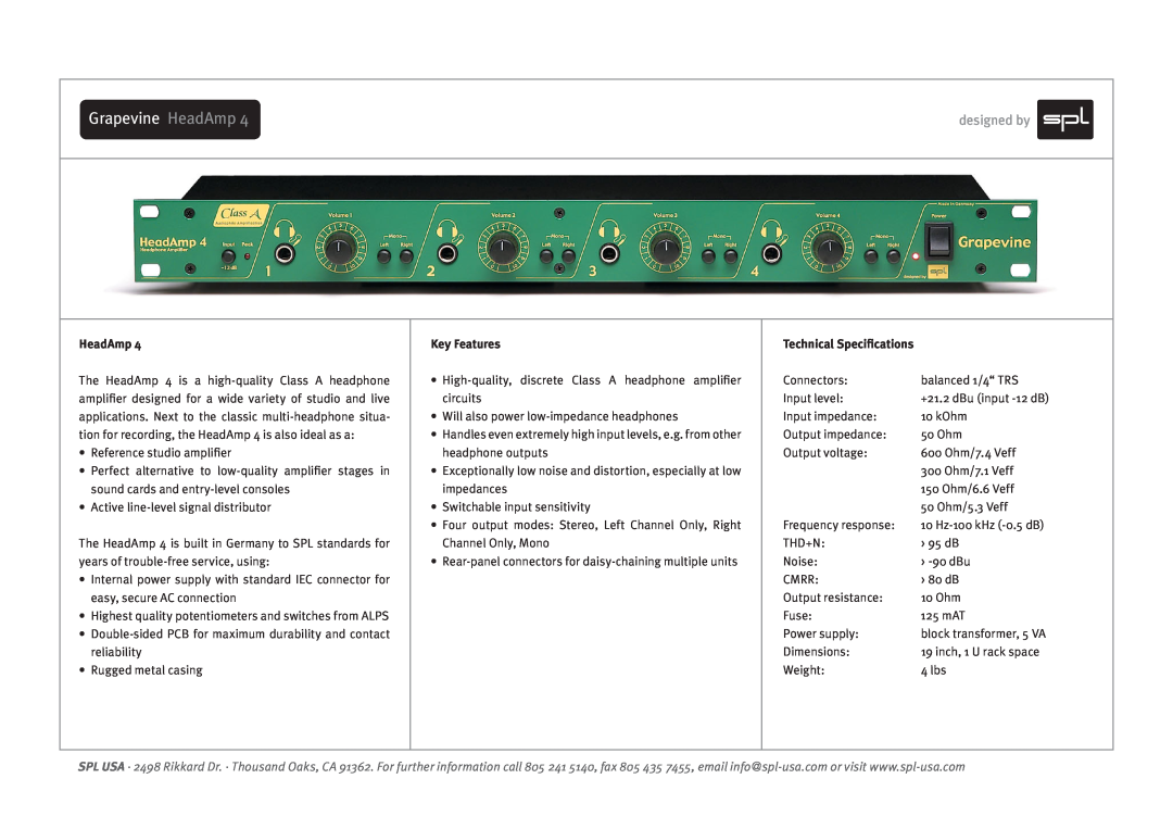 Sound Performance Lab Amplifiers technical specifications Grapevine HeadAmp, designed by, Key Features 