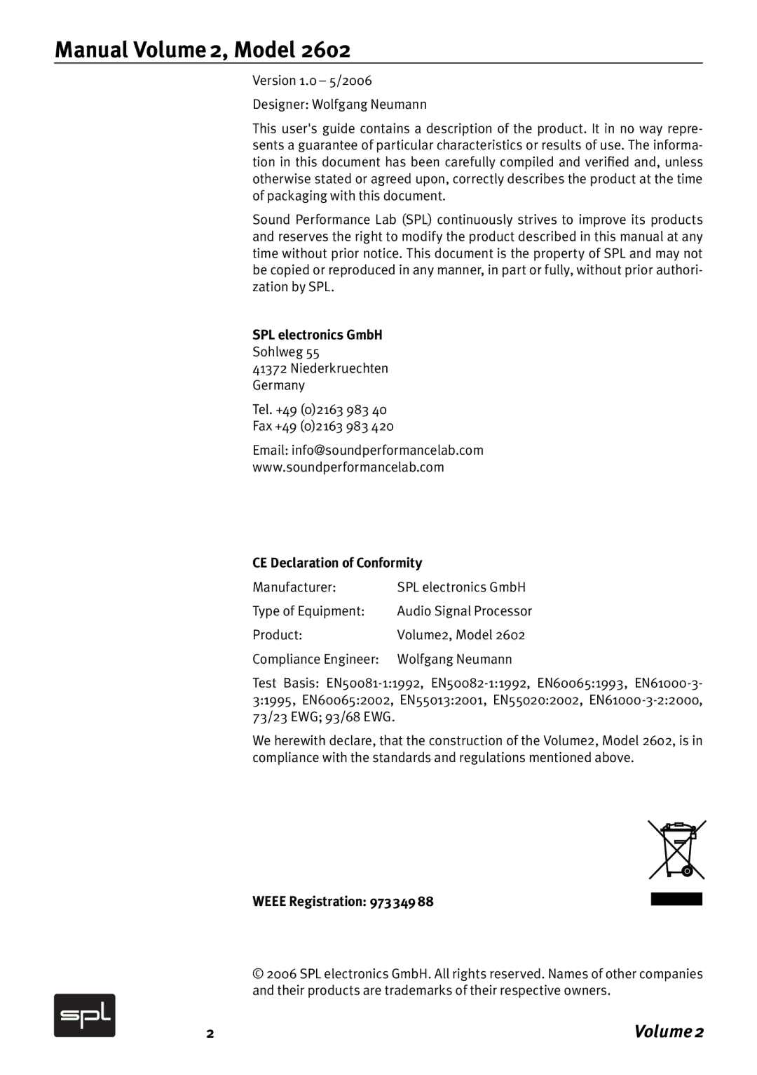 Sound Performance Lab Analog Mixer manual Manual Volume 2, Model, SPL electronics GmbH 