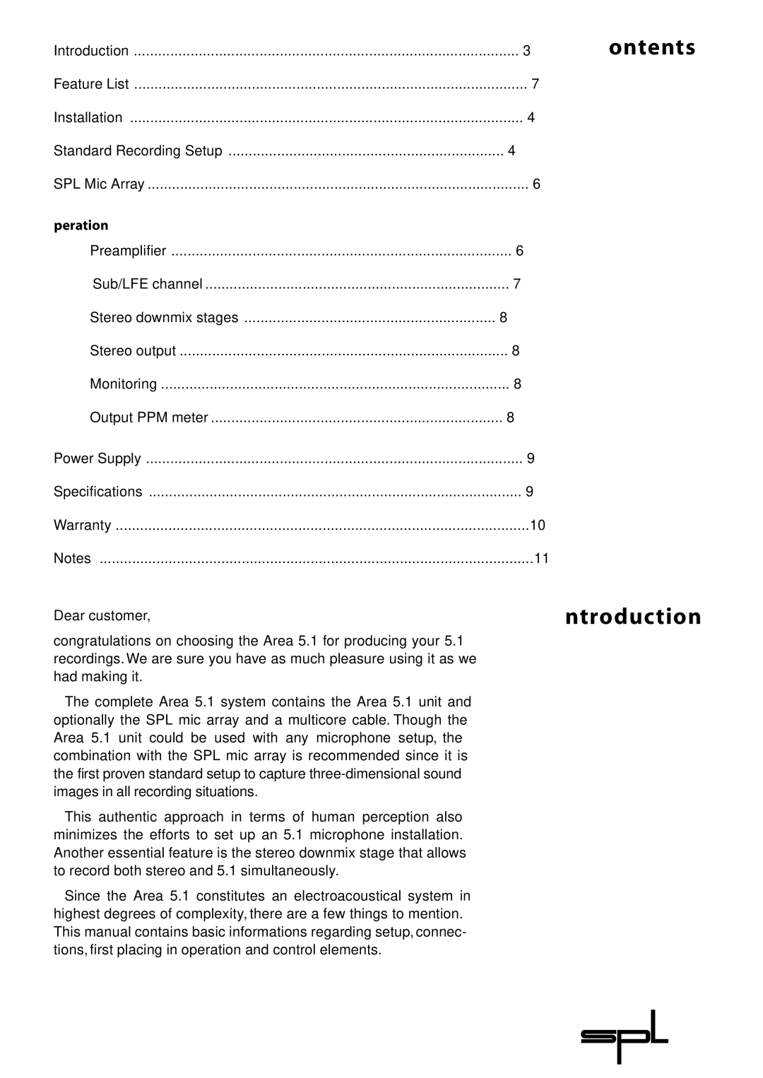 Sound Performance Lab Area 5.1 manual Contents Introduction, Operation 