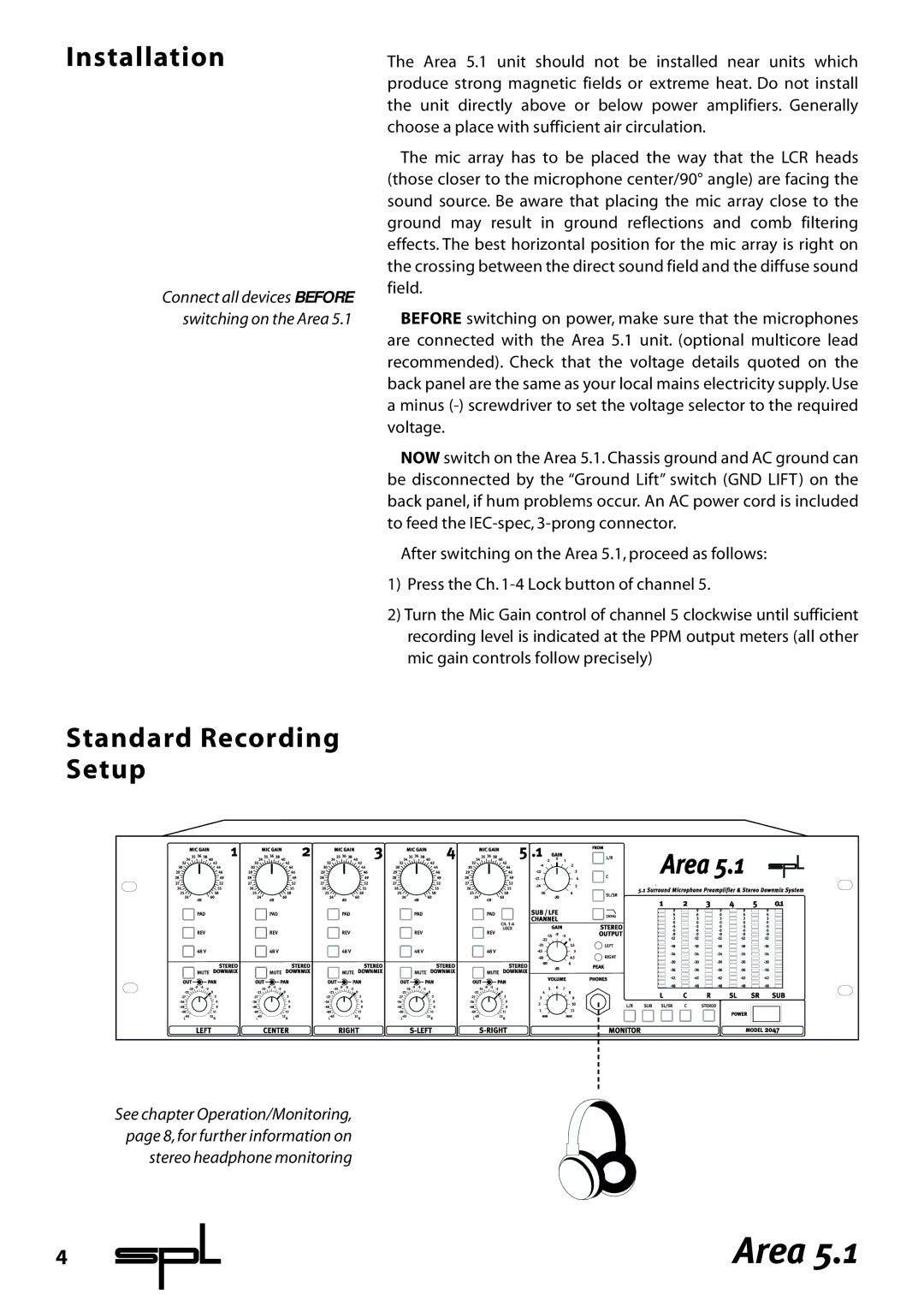 Sound Performance Lab Area 5.1 manual Installation, Standard Recording Setup 