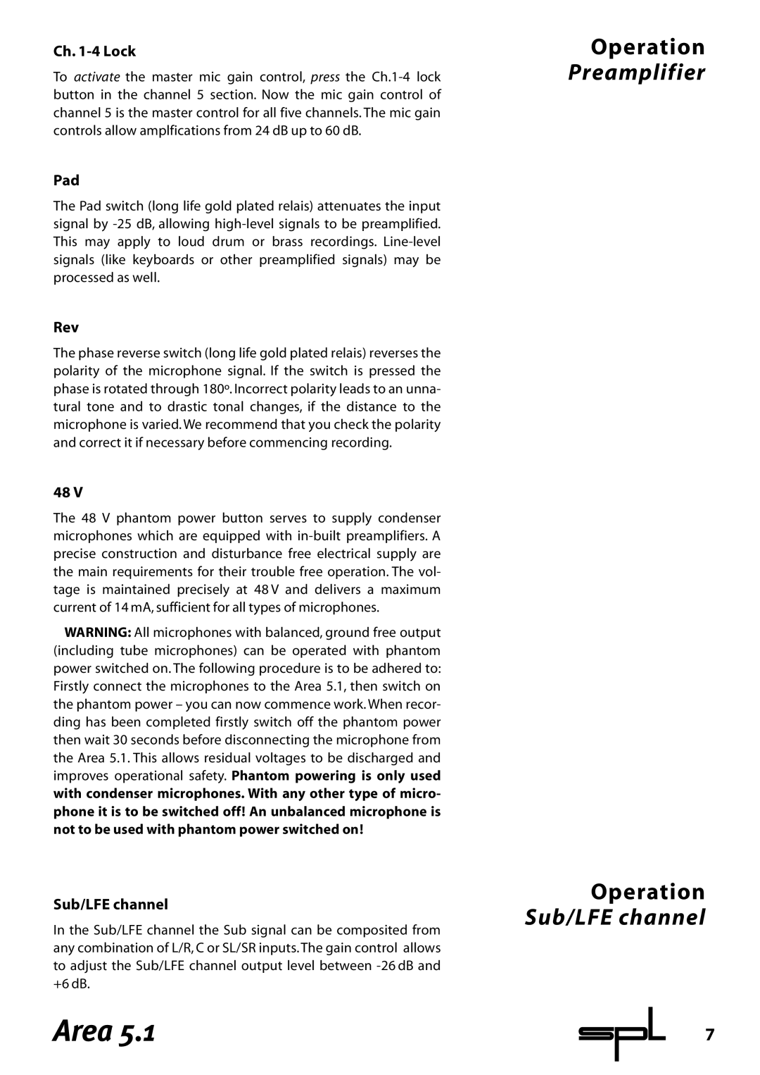 Sound Performance Lab Area 5.1 manual Ch -4 Lock, Pad, Rev, Sub/LFE channel 