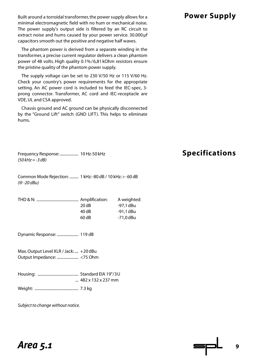 Sound Performance Lab Area 5.1 manual Power Supply Specifications, @ -20 dBu 