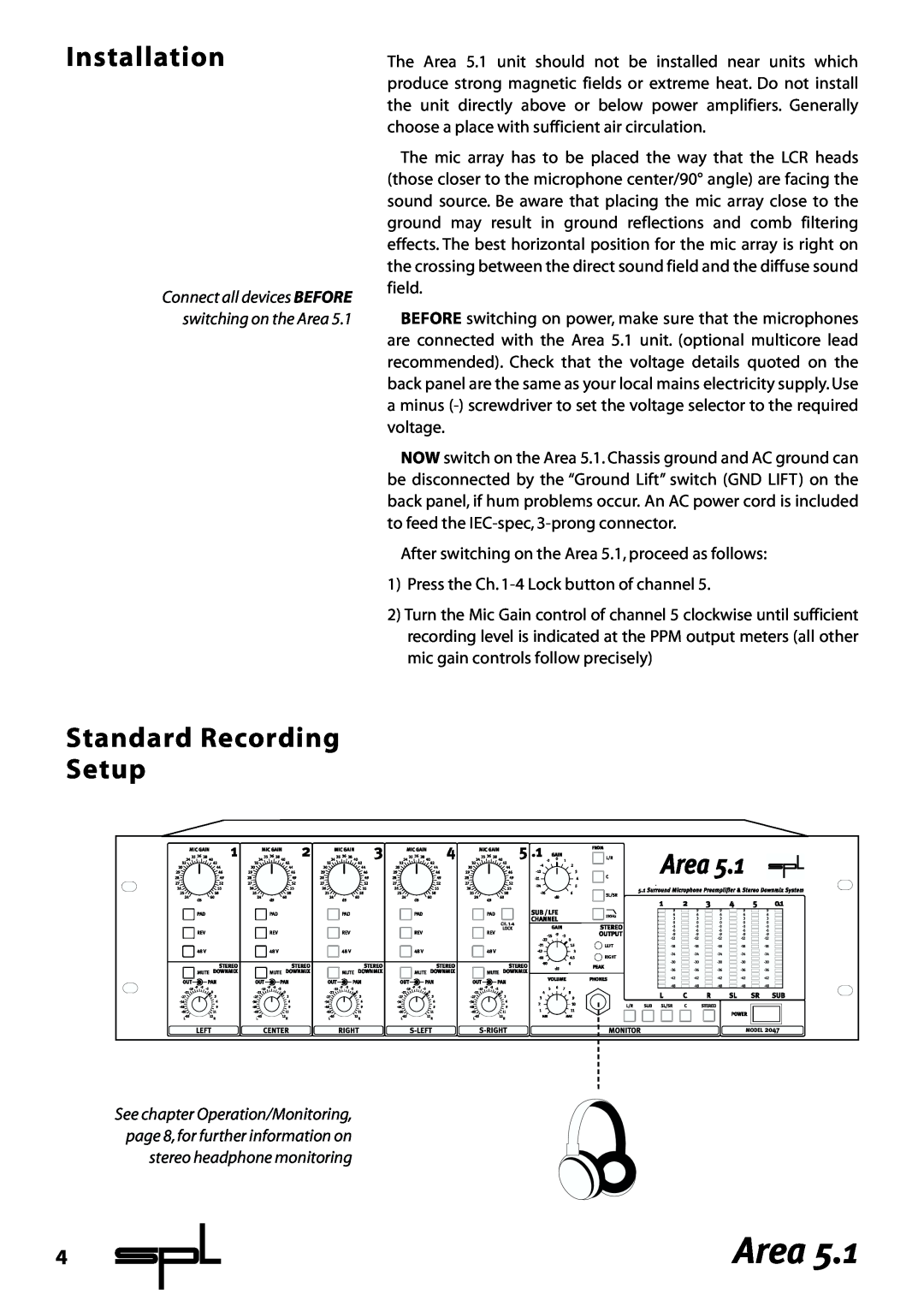 Sound Performance Lab Area 5.1 manual Installation, Standard Recording Setup 