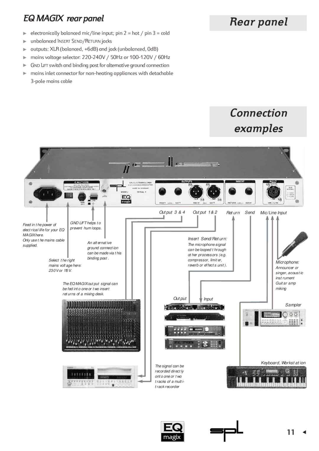 Sound Performance Lab EQ MAGIX manual Rear panel Connection Examples, EQ Magix rear panel 