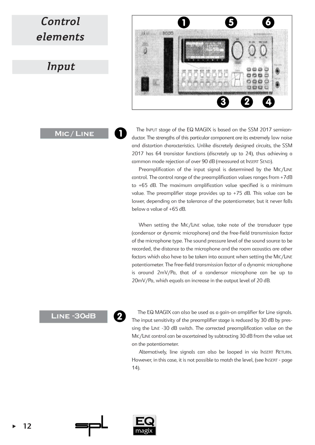 Sound Performance Lab EQ MAGIX manual Control Elements Input, Mic / Line Line -30pB 