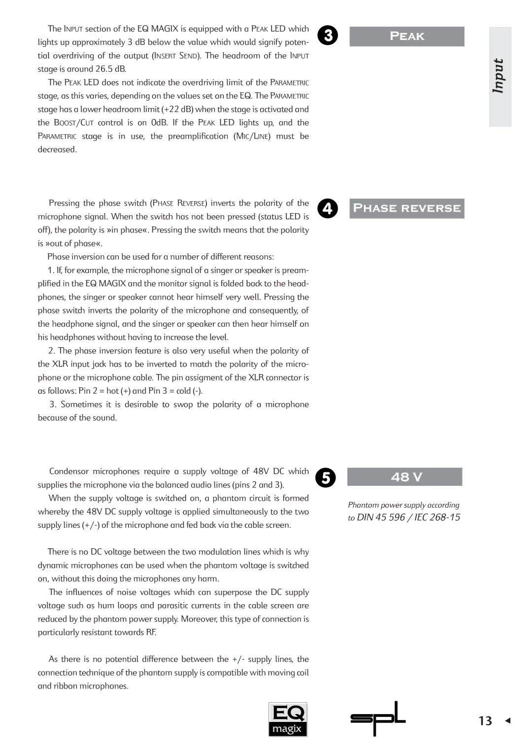 Sound Performance Lab EQ MAGIX manual Phase reverse, Input 