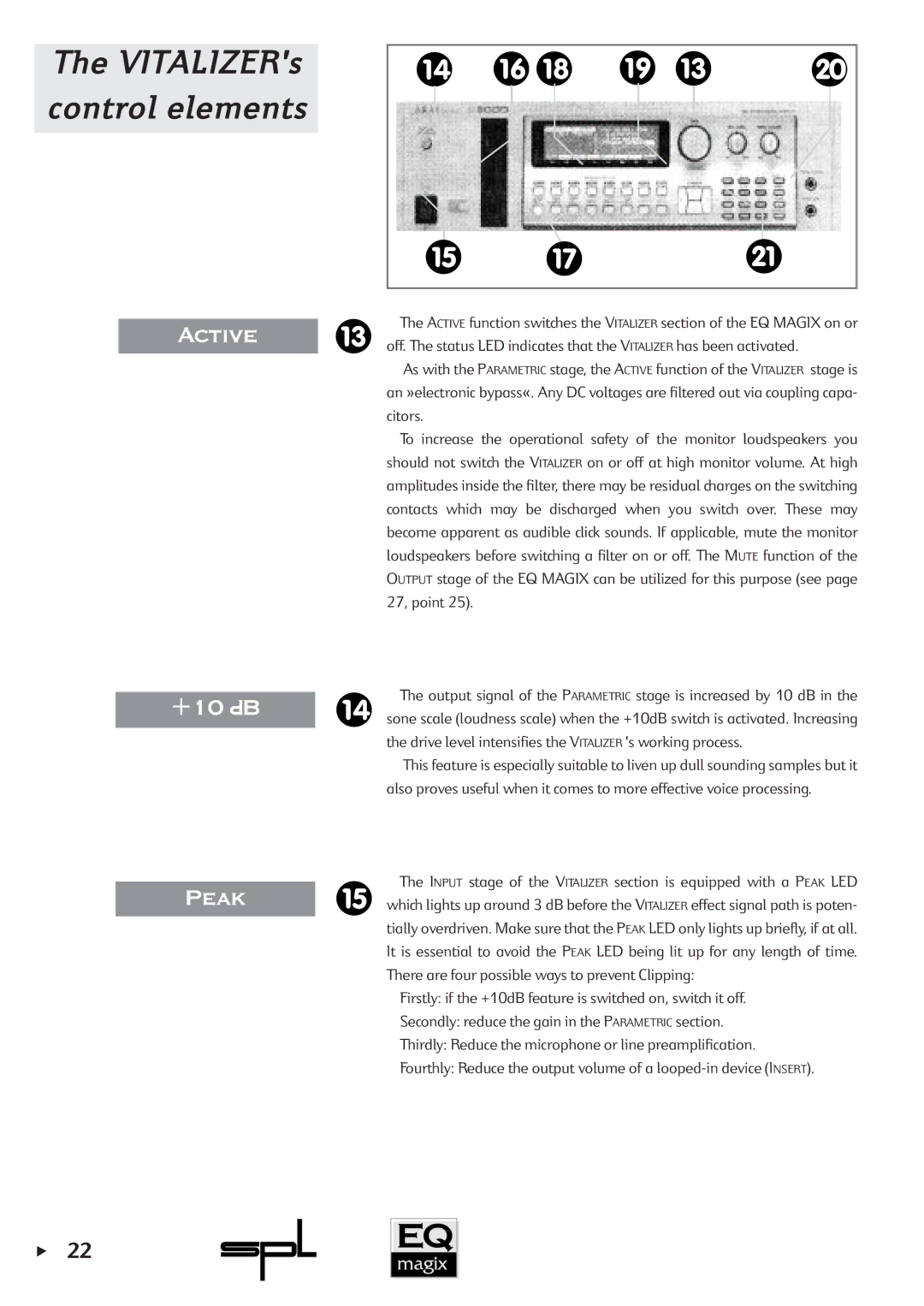 Sound Performance Lab EQ MAGIX manual VITALIZERs Control elements, +10 pB Peak 