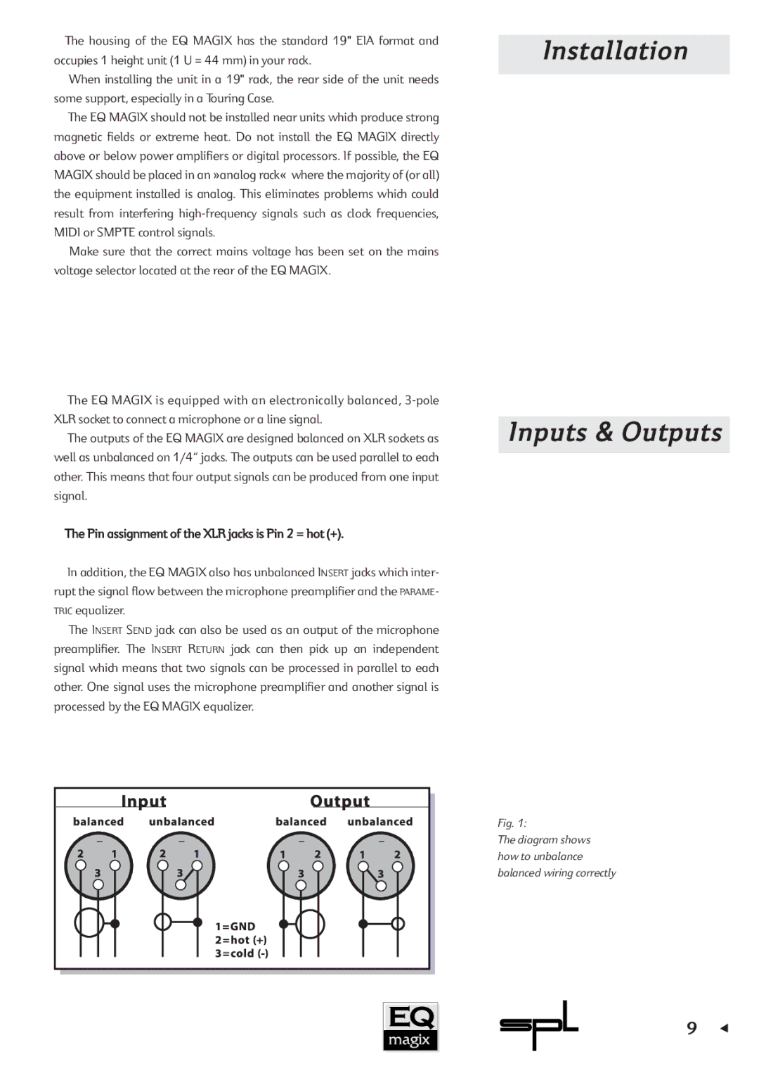 Sound Performance Lab EQ MAGIX manual Installation, Inputs & Outputs 