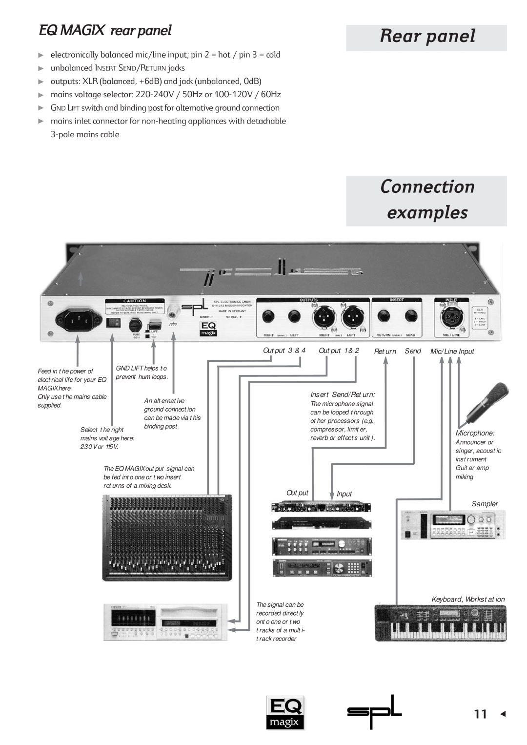 Sound Performance Lab manual Rear panel, Connection examples, EQ MAGIX rear panel 
