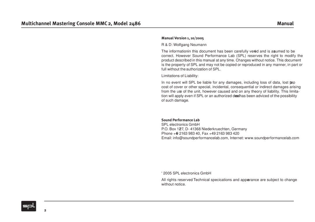 Sound Performance Lab MMC2 Multichannel Mastering Console MMC 2, Model, Manual Version 1, 10/2005, Sound Performance Lab 