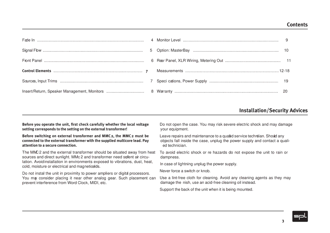 Sound Performance Lab MMC2 manual Contents, Installation/Security Advices 