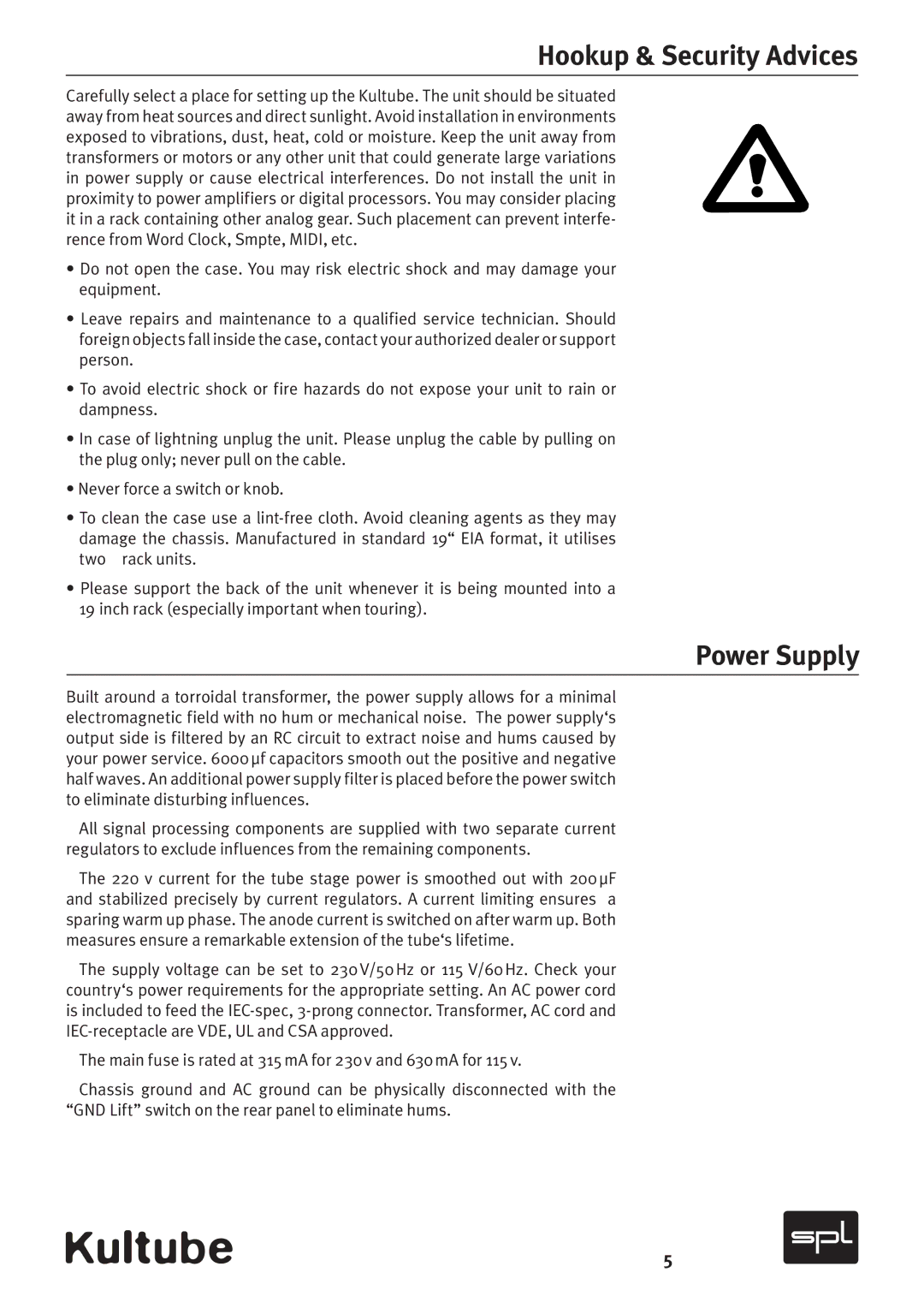 Sound Performance Lab Model 2049 manual Hookup & Security Advices, Power Supply 