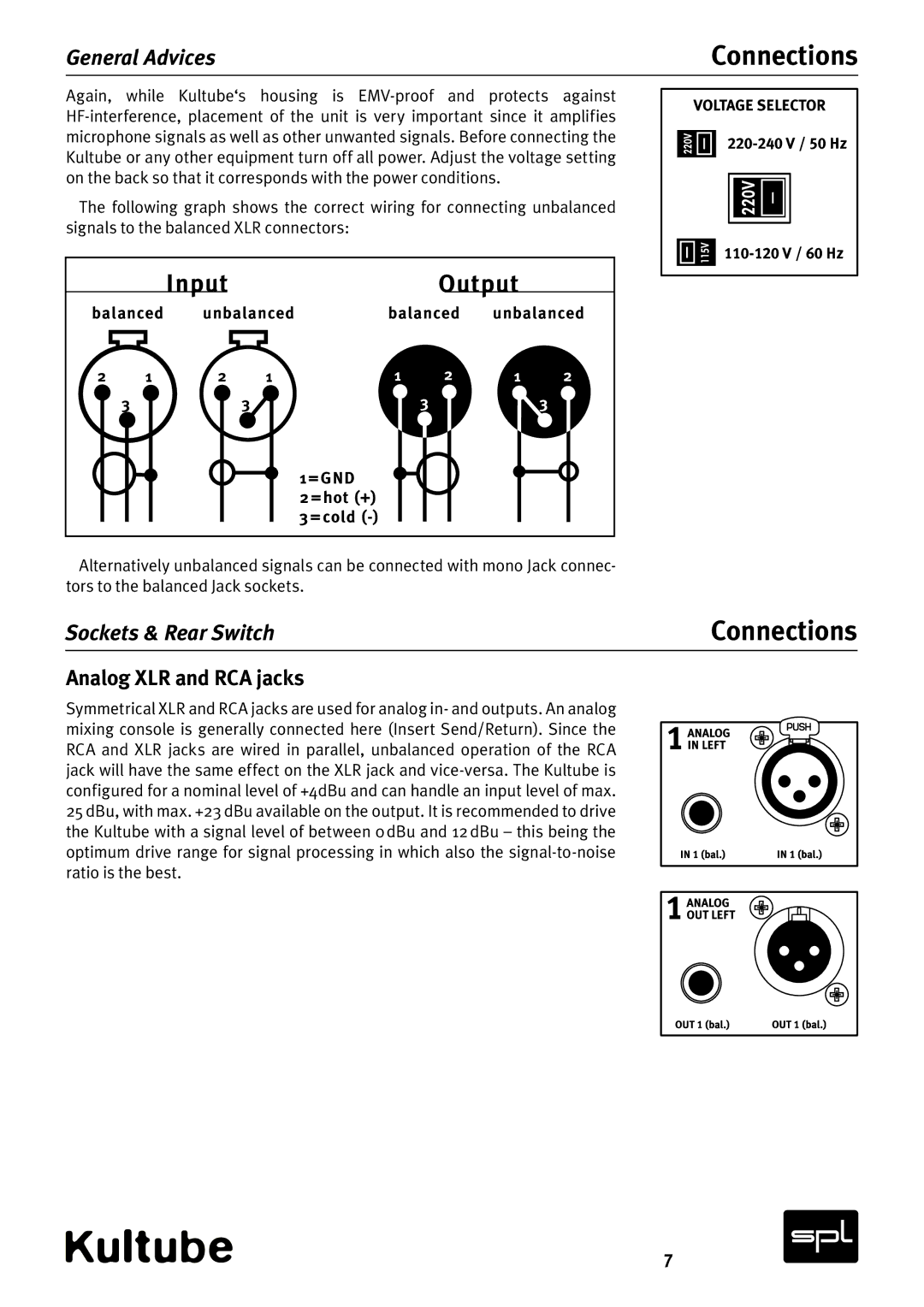 Sound Performance Lab Model 2049 manual Connections, Analog XLR and RCA jacks 