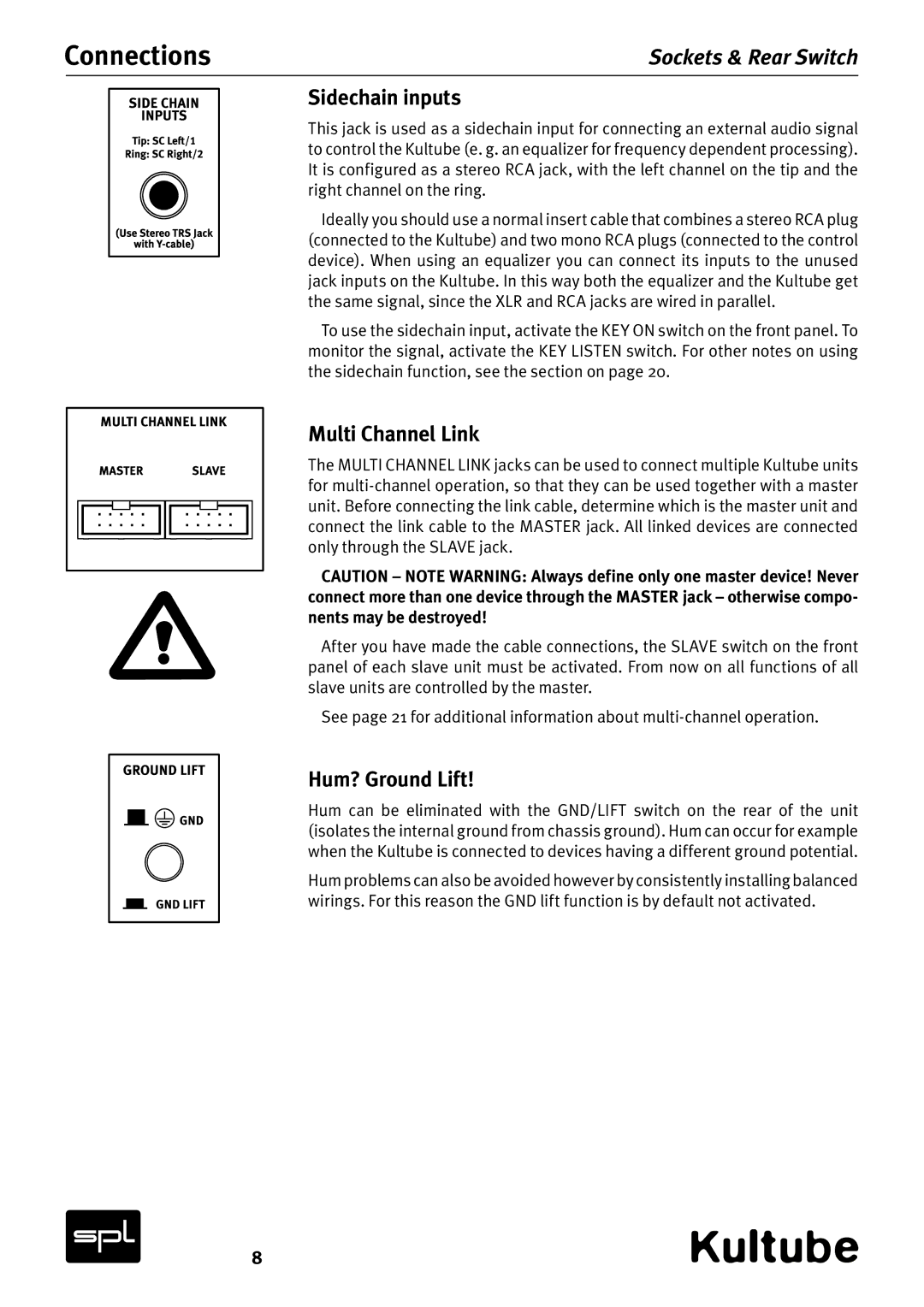 Sound Performance Lab Model 2049 manual Connections, Sidechain inputs, Multi Channel Link, Hum? Ground Lift 