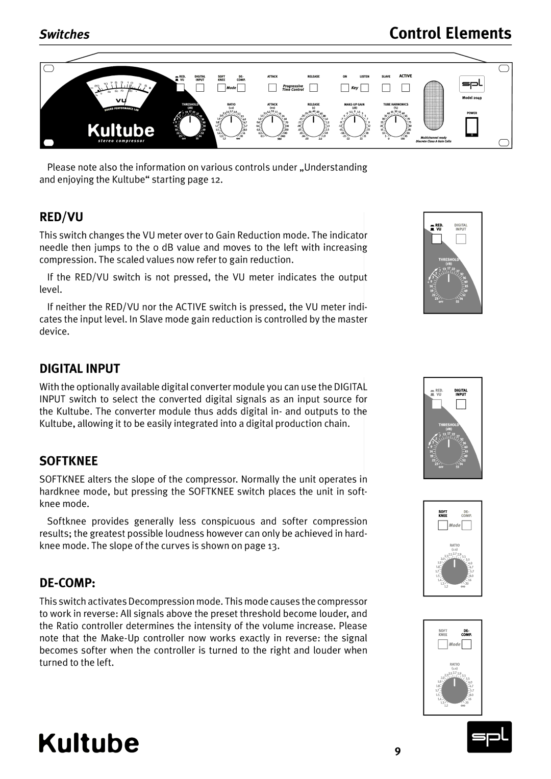 Sound Performance Lab Model 2049 manual Red/Vu, Digital Input, Softknee, De-Comp 