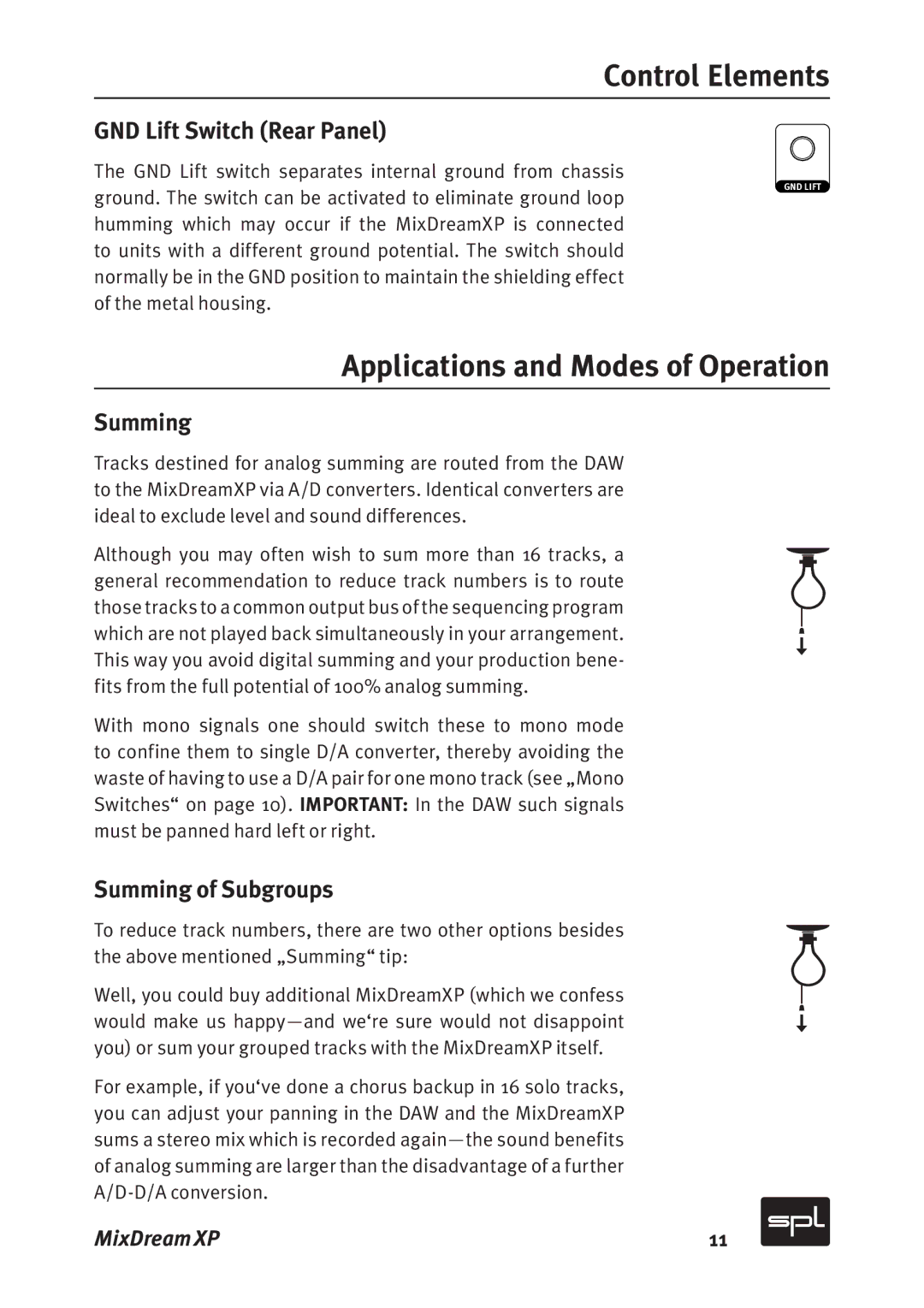 Sound Performance Lab Model 2591 manual Applications and Modes of Operation, GND Lift Switch Rear Panel, Summing 